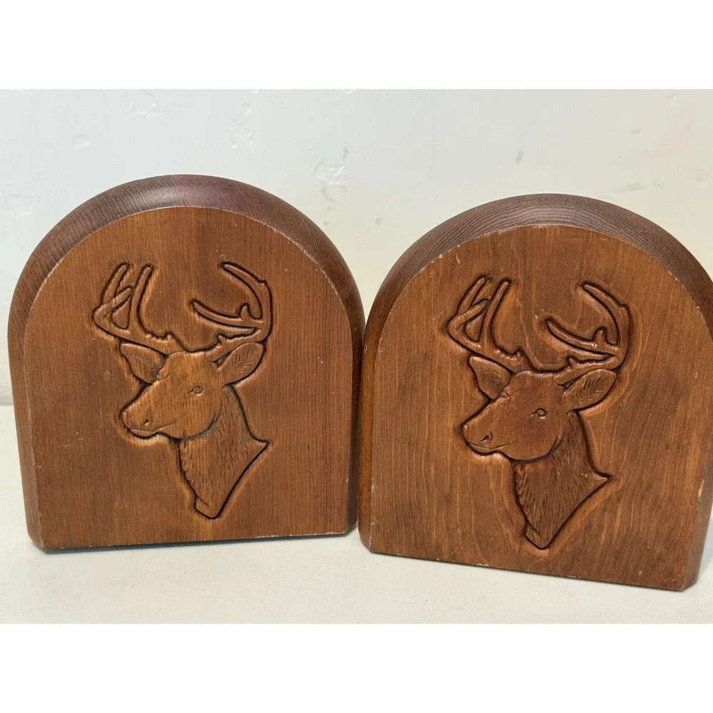 Vintage Pair of Bookends Engraved Wood Deer Stag Head Bookends‎ Rustic Decor